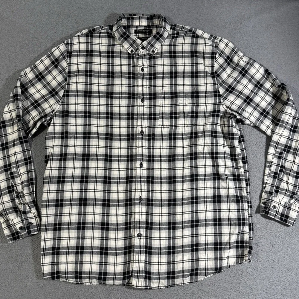 Mens Size XXL Banana Republic Black White Ultra-Soft Flannel Untucked Slim Fit